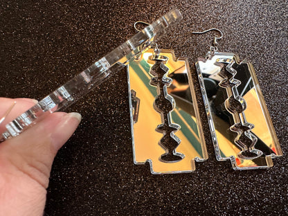Big Mirrored Razor Blade Earrings: Laser Cut Acrylic Halloween Accessories, Scary, Horror, Murder, Shaving, Knife, Gifts for Her/Him/Them