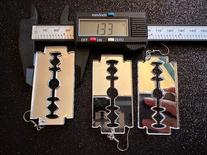 Big Mirrored Razor Blade Earrings: Laser Cut Acrylic Halloween Accessories, Scary, Horror, Murder, Shaving, Knife, Gifts for Her/Him/Them