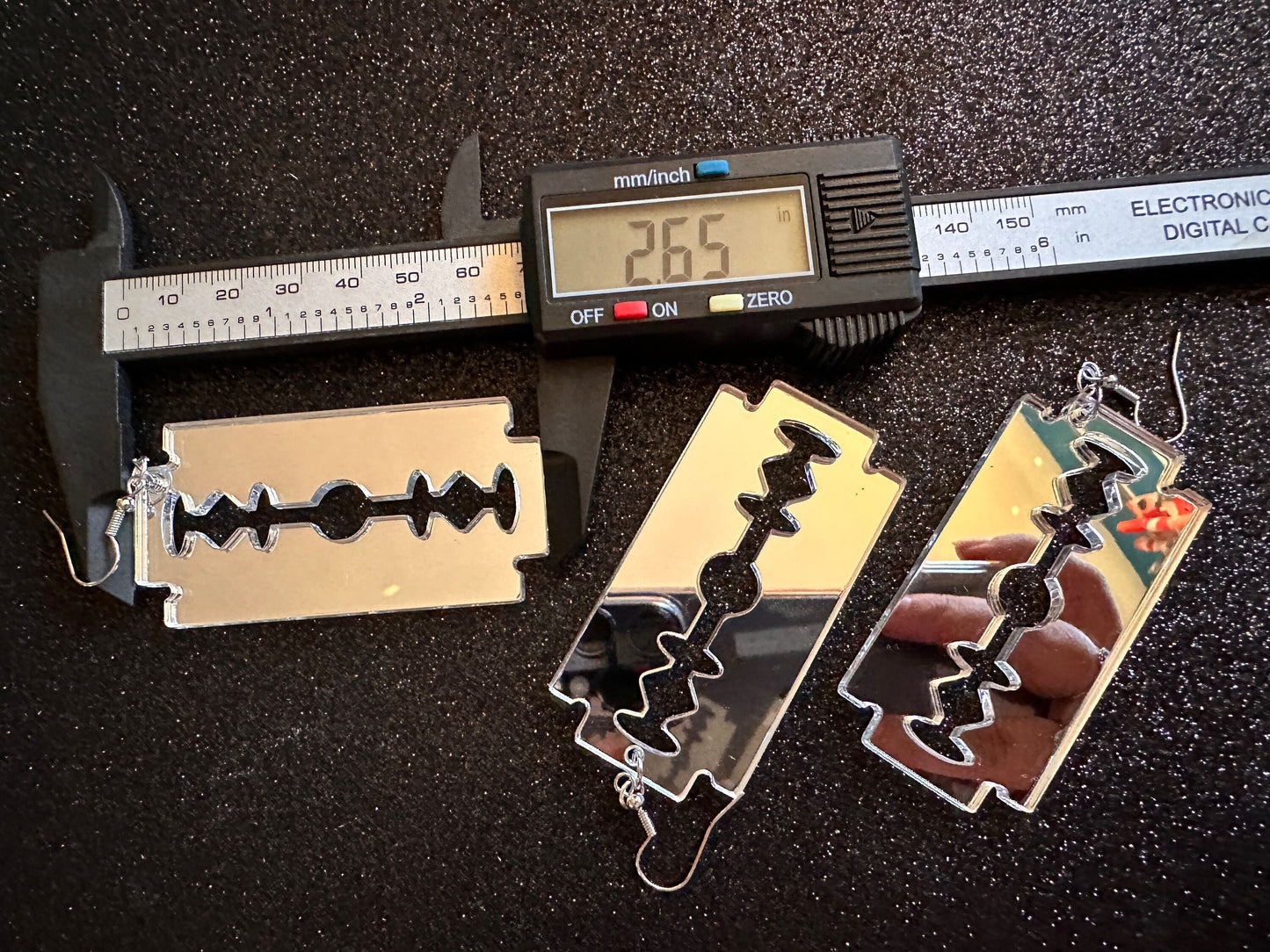 Big Mirrored Razor Blade Earrings: Laser Cut Acrylic Halloween Accessories, Scary, Horror, Murder, Shaving, Knife, Gifts for Her/Him/Them