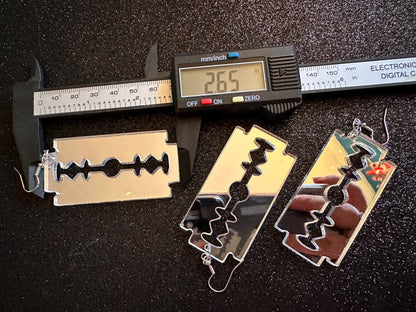 Big Mirrored Razor Blade Earrings: Laser Cut Acrylic Halloween Accessories, Scary, Horror, Murder, Shaving, Knife, Gifts for Her/Him/Them