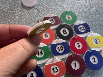 Billiard Ball Earrings: Laser Cut Acrylic Pool Balls, Pool Rack, Sports, Game Night, Eight Ball, Best Gifts for Her/Him/Them