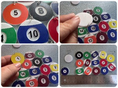 Billiard Ball Earrings: Laser Cut Acrylic Pool Balls, Pool Rack, Sports, Game Night, Eight Ball, Best Gifts for Her/Him/Them