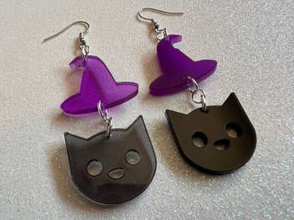 Black Cats & Purple Witch Hat Halloween Earrings: Laser Cut Acrylic, Witch Hats, Black Cats, Spooky, Best Gifts for Her/Him/Them