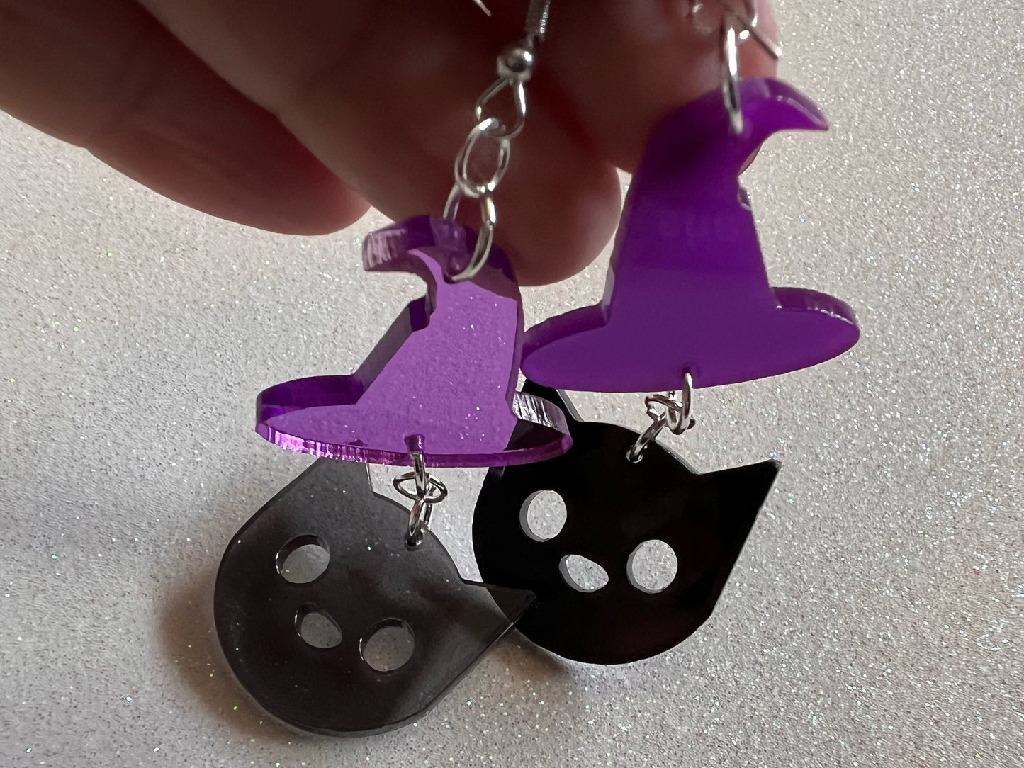 Black Cats & Purple Witch Hat Halloween Earrings: Laser Cut Acrylic, Witch Hats, Black Cats, Spooky, Best Gifts for Her/Him/Them
