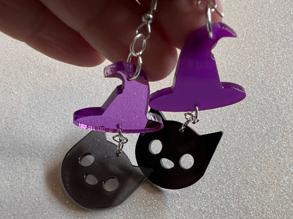 Black Cats & Purple Witch Hat Halloween Earrings: Laser Cut Acrylic, Witch Hats, Black Cats, Spooky, Best Gifts for Her/Him/Them