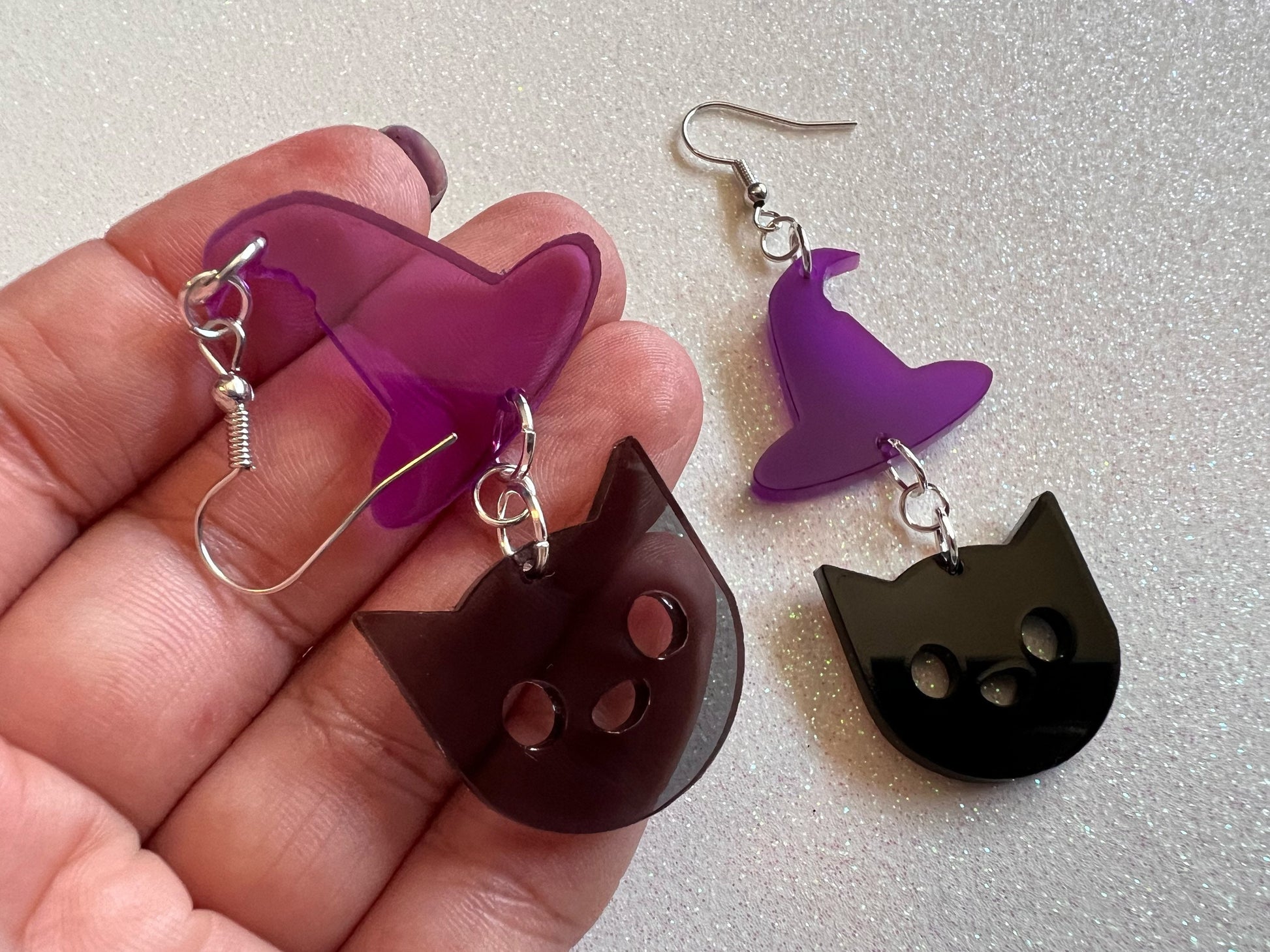 Black Cats & Purple Witch Hat Halloween Earrings: Laser Cut Acrylic, Witch Hats, Black Cats, Spooky, Best Gifts for Her/Him/Them