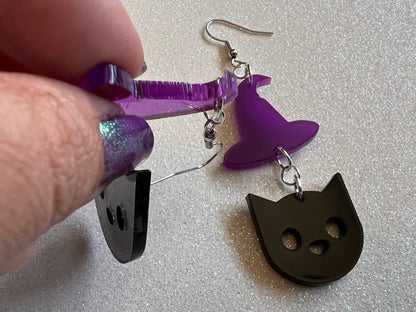 Black Cats & Purple Witch Hat Halloween Earrings: Laser Cut Acrylic, Witch Hats, Black Cats, Spooky, Best Gifts for Her/Him/Them