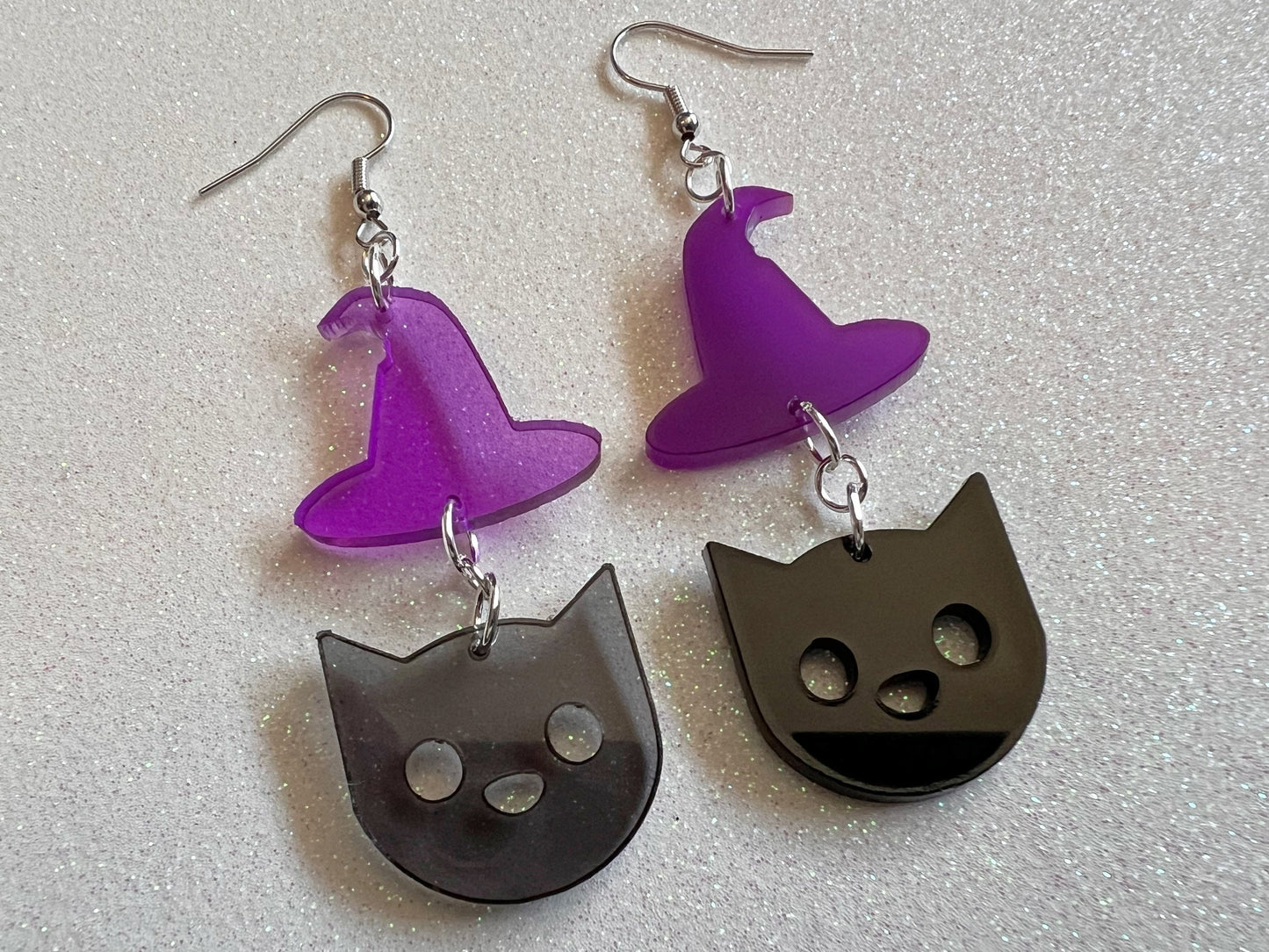 Black Cats & Purple Witch Hat Halloween Earrings: Laser Cut Acrylic, Witch Hats, Black Cats, Spooky, Best Gifts for Her/Him/Them