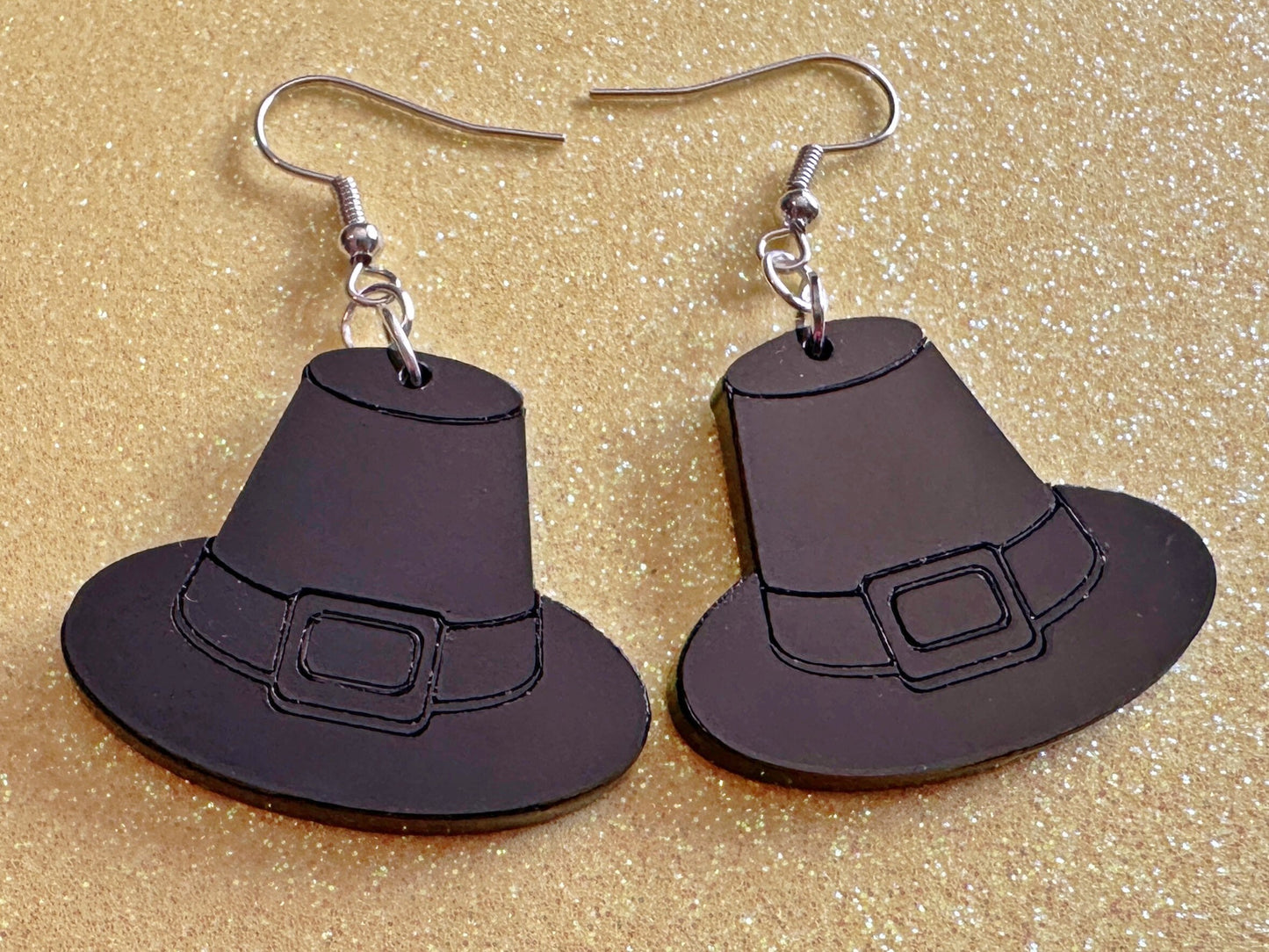 Black Engraved Pilgrim Hat Earrings: Laser Cut Acrylic Thanksgiving Earrings, Holiday, Pilgrims, Give Thanks, Gifts for Her/Him/Them