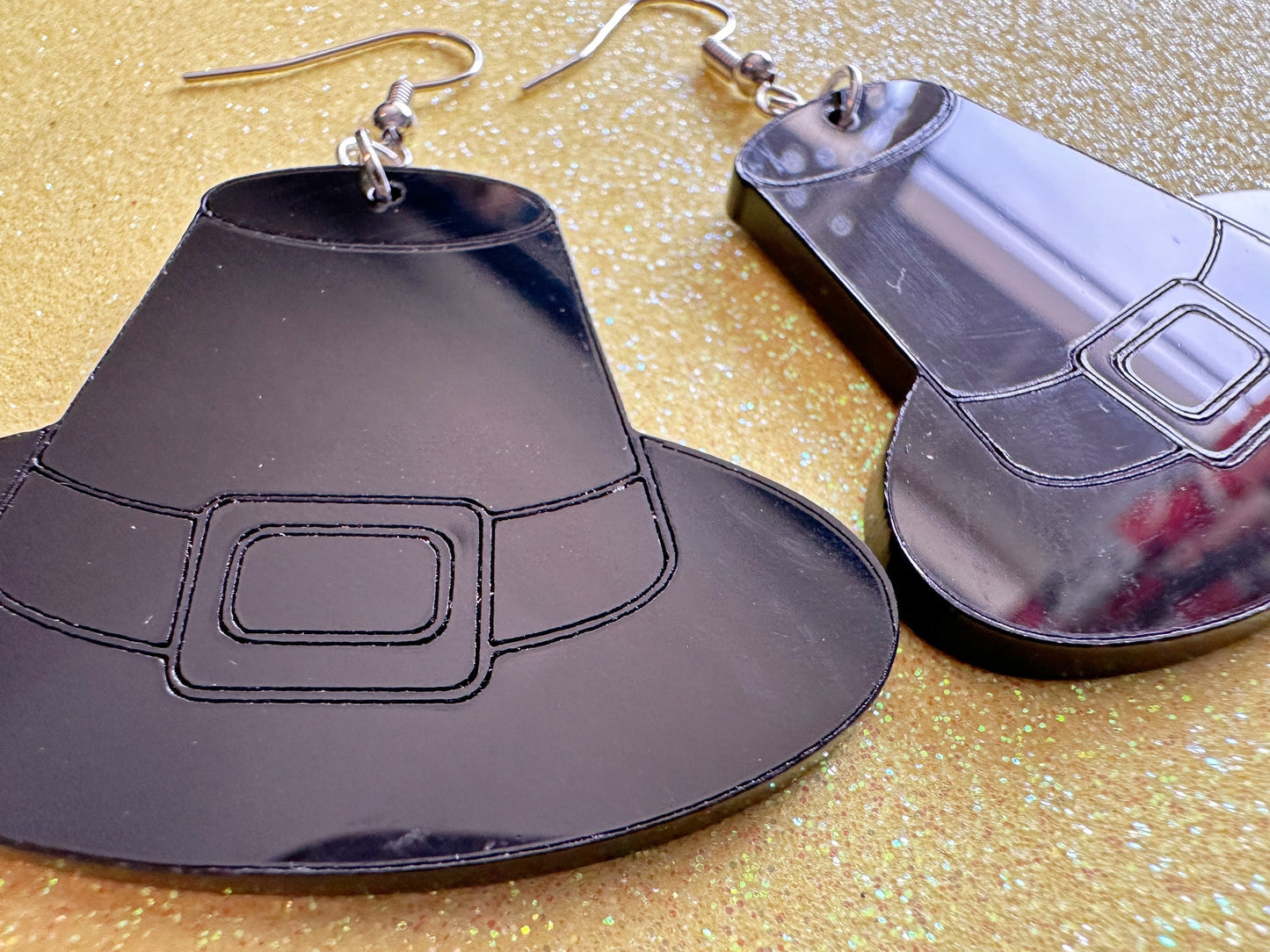 Black Engraved Pilgrim Hat Earrings: Laser Cut Acrylic Thanksgiving Earrings, Holiday, Pilgrims, Give Thanks, Gifts for Her/Him/Them