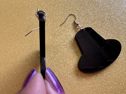 Black Engraved Pilgrim Hat Earrings: Laser Cut Acrylic Thanksgiving Earrings, Holiday, Pilgrims, Give Thanks, Gifts for Her/Him/Them