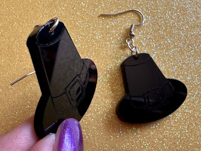 Black Engraved Pilgrim Hat Earrings: Laser Cut Acrylic Thanksgiving Earrings, Holiday, Pilgrims, Give Thanks, Gifts for Her/Him/Them