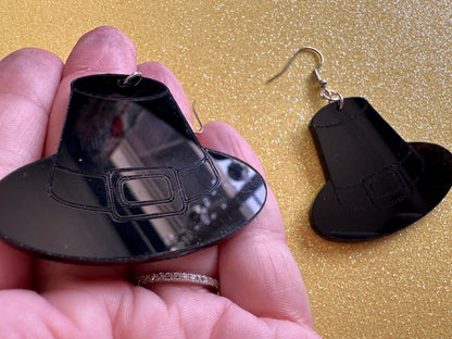 Black Engraved Pilgrim Hat Earrings: Laser Cut Acrylic Thanksgiving Earrings, Holiday, Pilgrims, Give Thanks, Gifts for Her/Him/Them