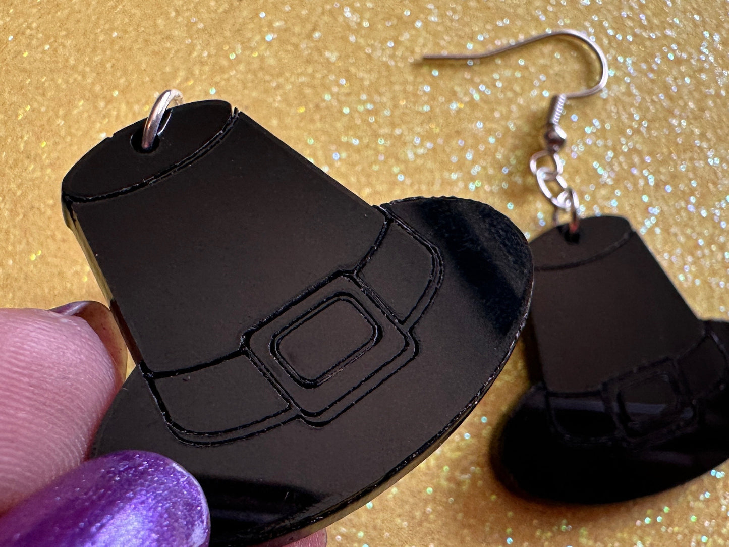 Black Engraved Pilgrim Hat Earrings: Laser Cut Acrylic Thanksgiving Earrings, Holiday, Pilgrims, Give Thanks, Gifts for Her/Him/Them
