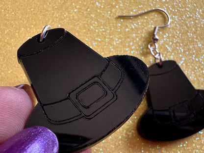 Black Engraved Pilgrim Hat Earrings: Laser Cut Acrylic Thanksgiving Earrings, Holiday, Pilgrims, Give Thanks, Gifts for Her/Him/Them