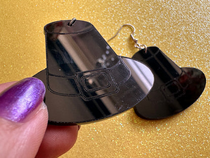 Black Engraved Pilgrim Hat Earrings: Laser Cut Acrylic Thanksgiving Earrings, Holiday, Pilgrims, Give Thanks, Gifts for Her/Him/Them