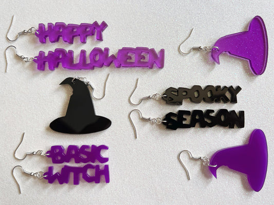 Black & Purple Halloween Earrings: Laser Cut Acrylic Witch Hats, Words, Halloween Themed, Spooky, Best Gifts for Her/Him/Them