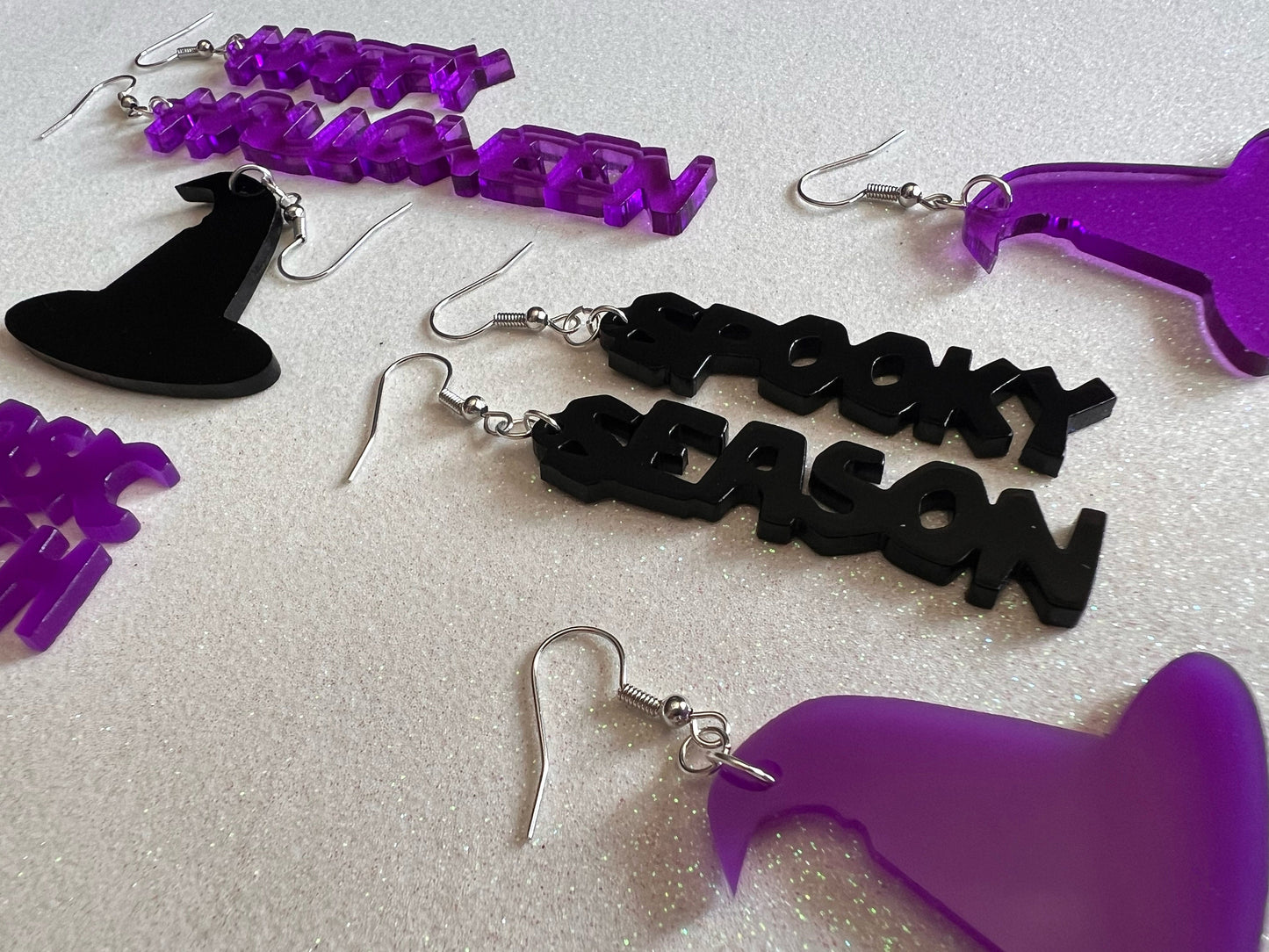 Black & Purple Halloween Earrings: Laser Cut Acrylic Witch Hats, Words, Halloween Themed, Spooky, Best Gifts for Her/Him/Them