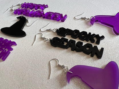 Black & Purple Halloween Earrings: Laser Cut Acrylic Witch Hats, Words, Halloween Themed, Spooky, Best Gifts for Her/Him/Them