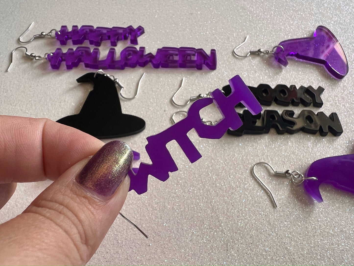 Black & Purple Halloween Earrings: Laser Cut Acrylic Witch Hats, Words, Halloween Themed, Spooky, Best Gifts for Her/Him/Them