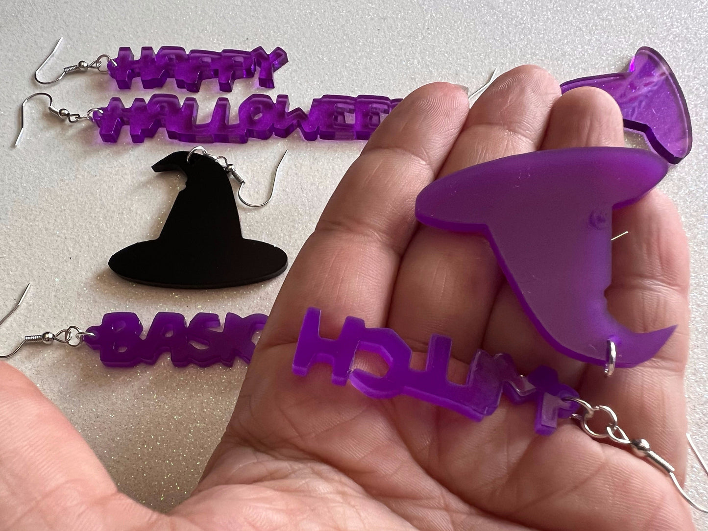 Black & Purple Halloween Earrings: Laser Cut Acrylic Witch Hats, Words, Halloween Themed, Spooky, Best Gifts for Her/Him/Them