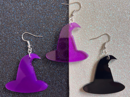 Black & Purple Witch Hat Halloween Earrings: Laser Cut Acrylic Witch Hats, Witches, Spooky, Best Gift for Her/Him/Them