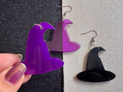 Black & Purple Witch Hat Halloween Earrings: Laser Cut Acrylic Witch Hats, Witches, Spooky, Best Gift for Her/Him/Them