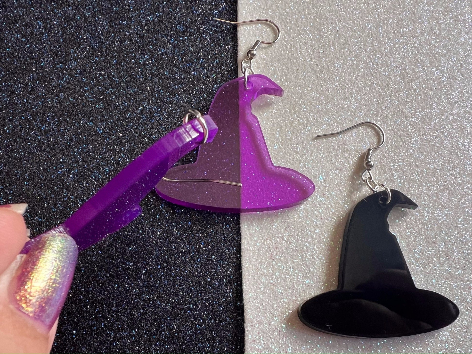 Black & Purple Witch Hat Halloween Earrings: Laser Cut Acrylic Witch Hats, Witches, Spooky, Best Gift for Her/Him/Them