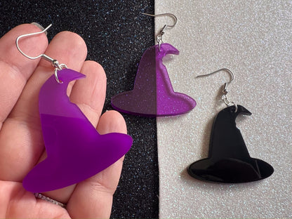 Black & Purple Witch Hat Halloween Earrings: Laser Cut Acrylic Witch Hats, Witches, Spooky, Best Gift for Her/Him/Them