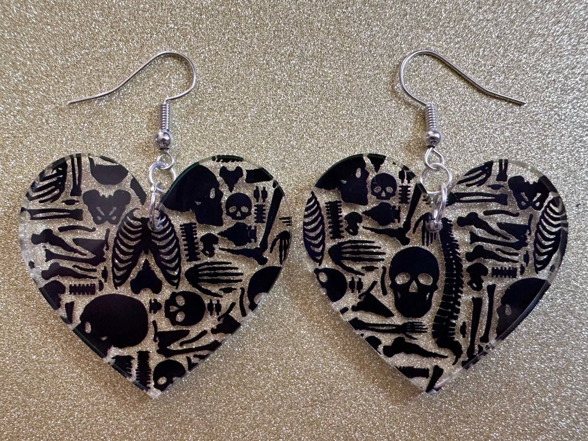 Black Skeleton Earrings: Laser Cut Acrylic Skeletons, Skull, Skulls, Spine, Bones, Halloween, Spooky, Science, Best Gifts for Her/Him/Them