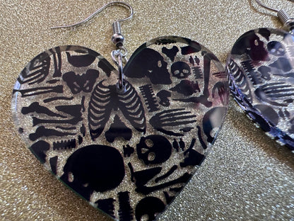 Black Skeleton Earrings: Laser Cut Acrylic Skeletons, Skull, Skulls, Spine, Bones, Halloween, Spooky, Science, Best Gifts for Her/Him/Them