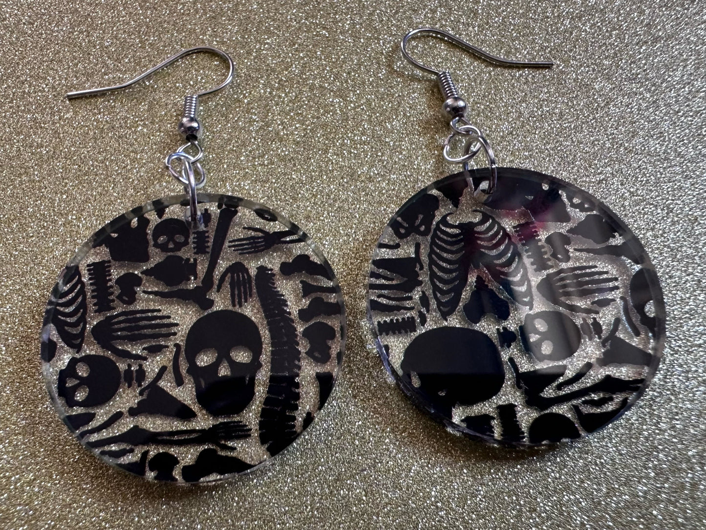 Black Skeleton Earrings: Laser Cut Acrylic Skeletons, Skull, Skulls, Spine, Bones, Halloween, Spooky, Science, Best Gifts for Her/Him/Them