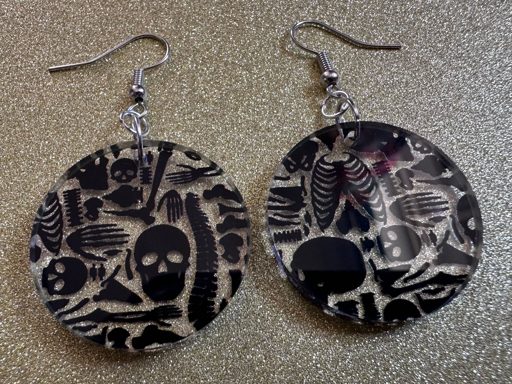 Black Skeleton Earrings: Laser Cut Acrylic Skeletons, Skull, Skulls, Spine, Bones, Halloween, Spooky, Science, Best Gifts for Her/Him/Them