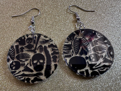 Black Skeleton Earrings: Laser Cut Acrylic Skeletons, Skull, Skulls, Spine, Bones, Halloween, Spooky, Science, Best Gifts for Her/Him/Them