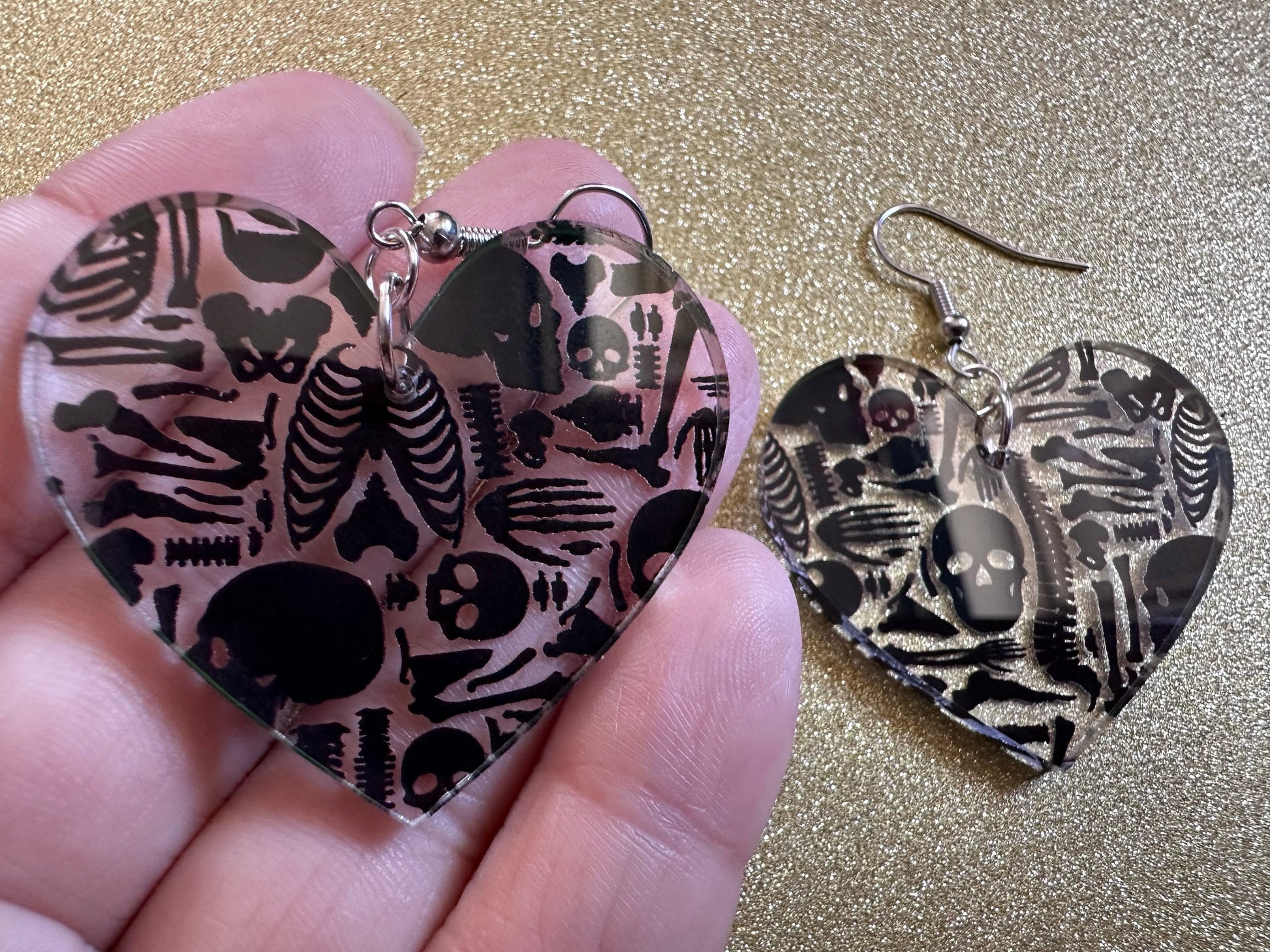 Black Skeleton Earrings: Laser Cut Acrylic Skeletons, Skull, Skulls, Spine, Bones, Halloween, Spooky, Science, Best Gifts for Her/Him/Them