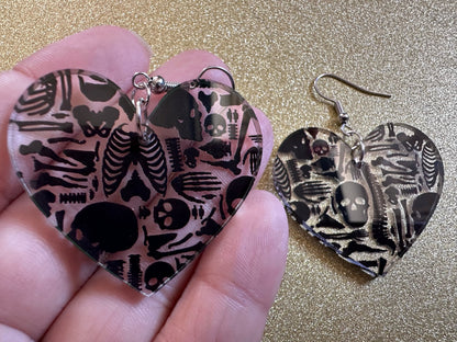 Black Skeleton Earrings: Laser Cut Acrylic Skeletons, Skull, Skulls, Spine, Bones, Halloween, Spooky, Science, Best Gifts for Her/Him/Them