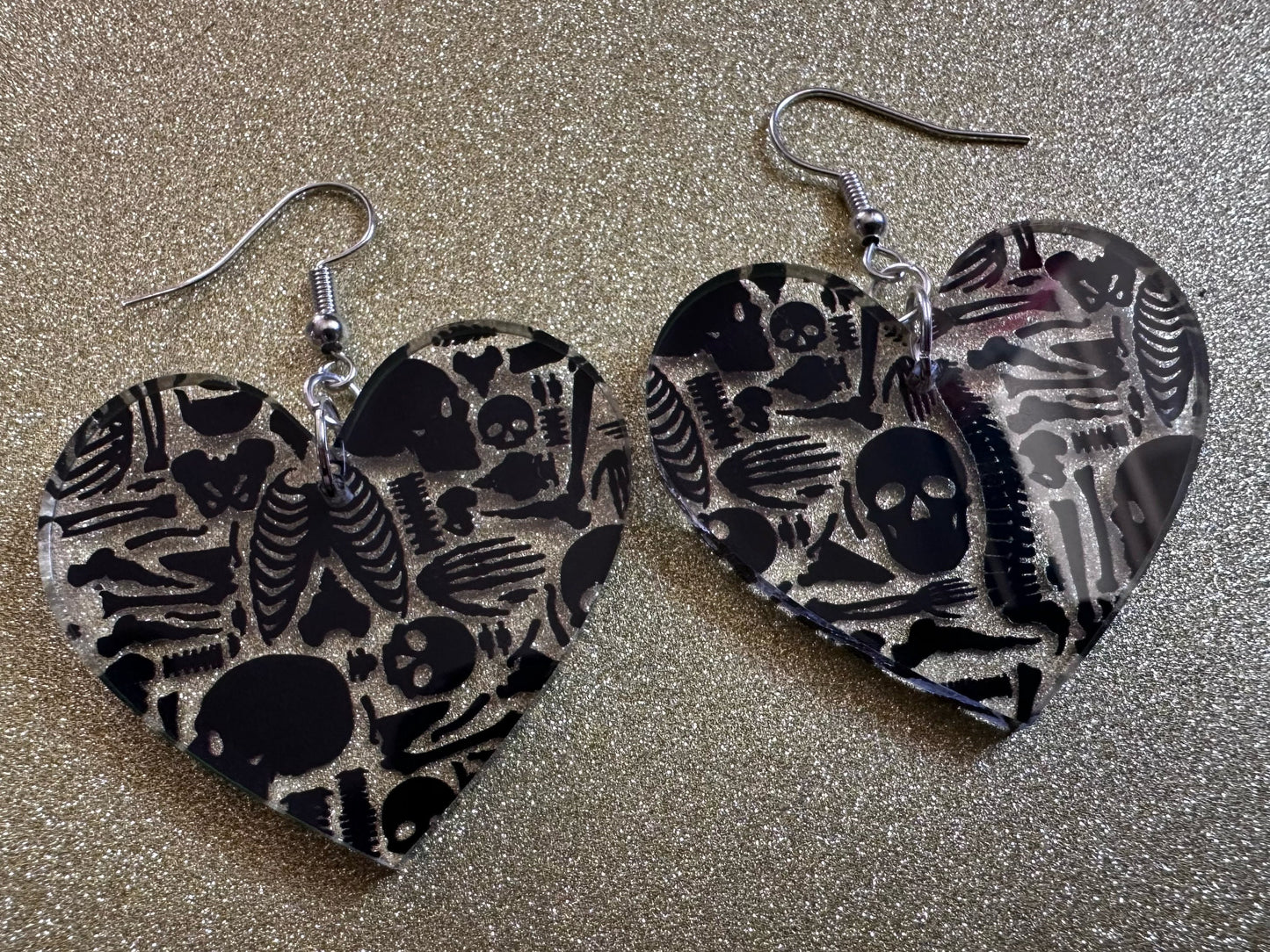 Black Skeleton Earrings: Laser Cut Acrylic Skeletons, Skull, Skulls, Spine, Bones, Halloween, Spooky, Science, Best Gifts for Her/Him/Them