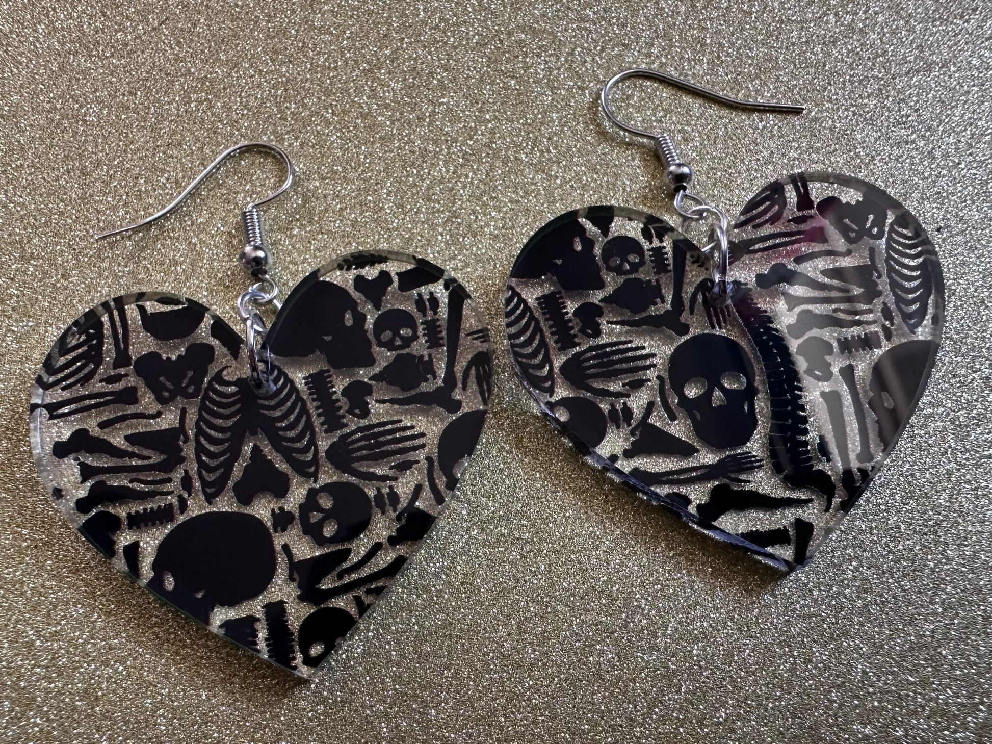 Black Skeleton Earrings: Laser Cut Acrylic Skeletons, Skull, Skulls, Spine, Bones, Halloween, Spooky, Science, Best Gifts for Her/Him/Them