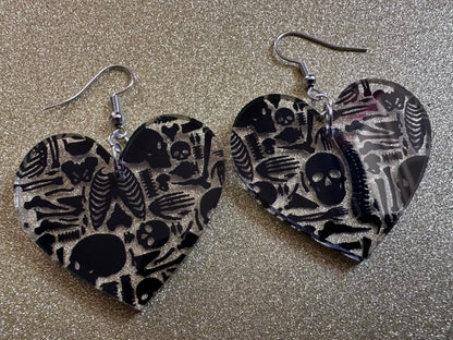 Black Skeleton Earrings: Laser Cut Acrylic Skeletons, Skull, Skulls, Spine, Bones, Halloween, Spooky, Science, Best Gifts for Her/Him/Them