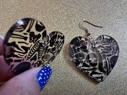 Black Skeleton Earrings: Laser Cut Acrylic Skeletons, Skull, Skulls, Spine, Bones, Halloween, Spooky, Science, Best Gifts for Her/Him/Them