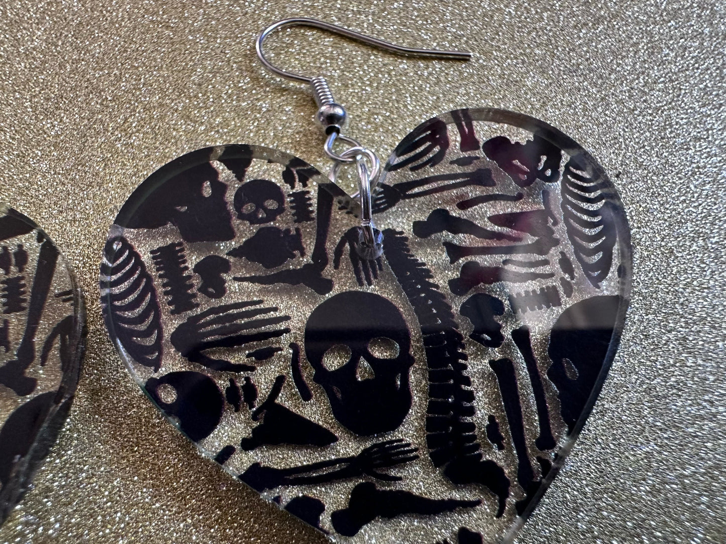 Black Skeleton Earrings: Laser Cut Acrylic Skeletons, Skull, Skulls, Spine, Bones, Halloween, Spooky, Science, Best Gifts for Her/Him/Them