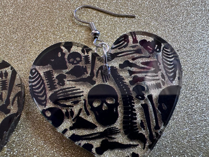 Black Skeleton Earrings: Laser Cut Acrylic Skeletons, Skull, Skulls, Spine, Bones, Halloween, Spooky, Science, Best Gifts for Her/Him/Them