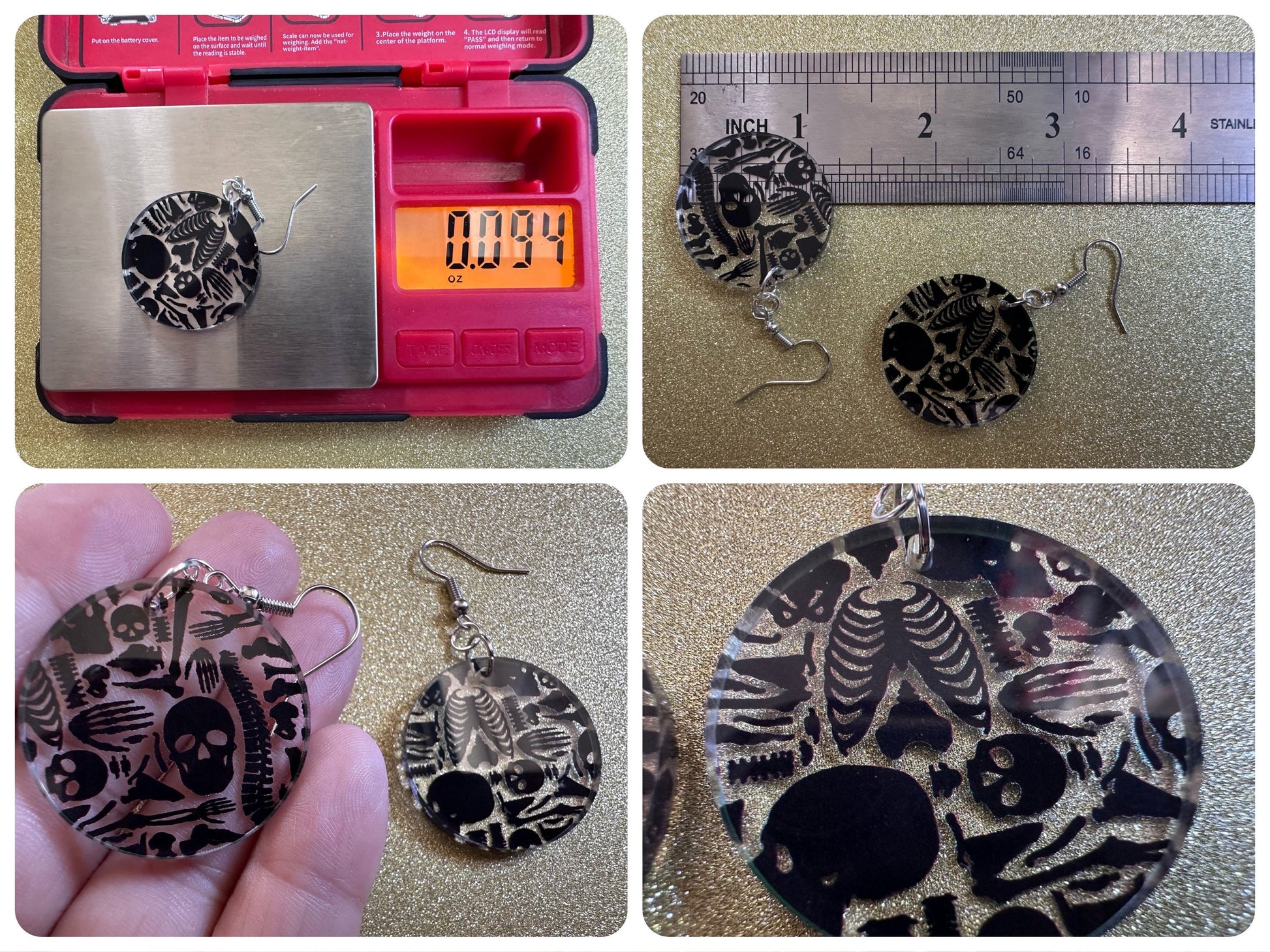 Black Skeleton Earrings: Laser Cut Acrylic Skeletons, Skull, Skulls, Spine, Bones, Halloween, Spooky, Science, Best Gifts for Her/Him/Them
