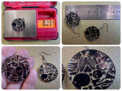 Black Skeleton Earrings: Laser Cut Acrylic Skeletons, Skull, Skulls, Spine, Bones, Halloween, Spooky, Science, Best Gifts for Her/Him/Them
