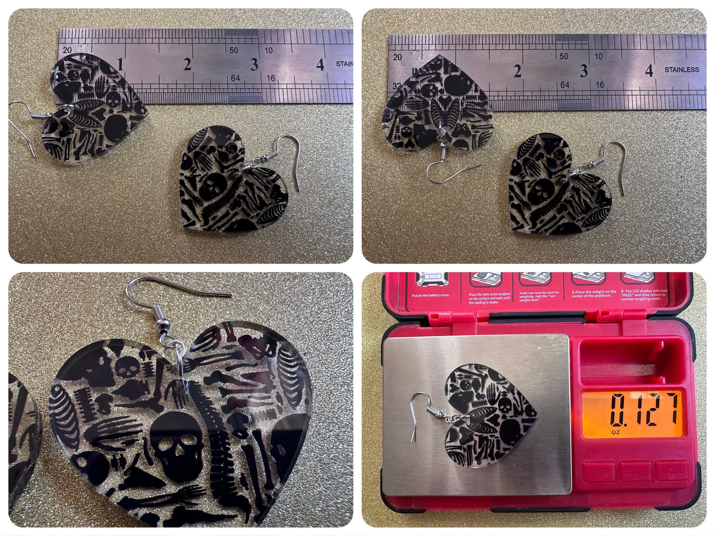 Black Skeleton Earrings: Laser Cut Acrylic Skeletons, Skull, Skulls, Spine, Bones, Halloween, Spooky, Science, Best Gifts for Her/Him/Them