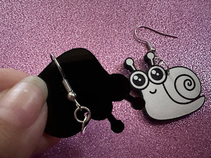 Black & White Snail Earrings: Laser Cut Acrylic Snails, Paintable Snails, Mollusks, Bug, Shells, Animals, Insect, Best Gift for Her/Him/Them