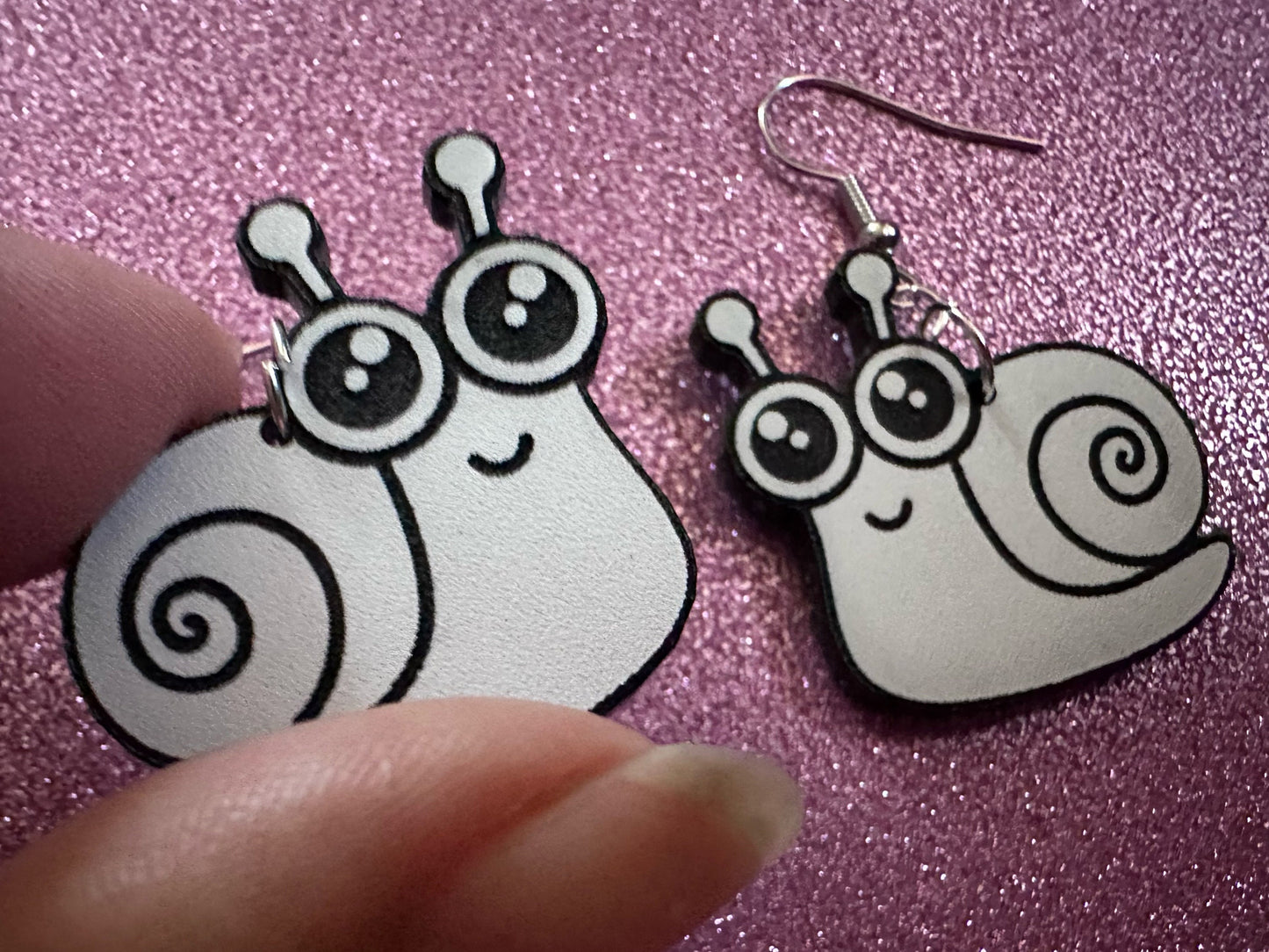 Black & White Snail Earrings: Laser Cut Acrylic Snails, Paintable Snails, Mollusks, Bug, Shells, Animals, Insect, Best Gift for Her/Him/Them