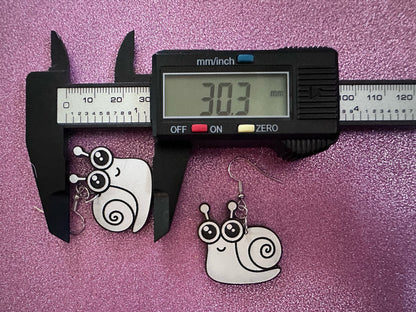 Black & White Snail Earrings: Laser Cut Acrylic Snails, Paintable Snails, Mollusks, Bug, Shells, Animals, Insect, Best Gift for Her/Him/Them