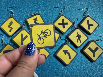Black & Yellow Road Sign Earrings: Laser Cut Acrylic Road Signs, Driving, Road Sign, Custom Signs, Directions, Best Gifts for Her/Him/Them