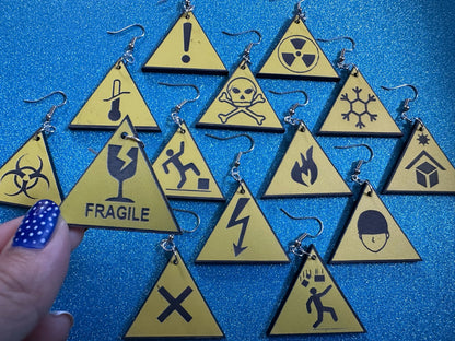 Black and Yellow Sign Earrings: Laser Cut Acrylic Signs, Triangle Signs, Emergency, Danger Sign, Fragile, Best Gifts for Her/Him/Them